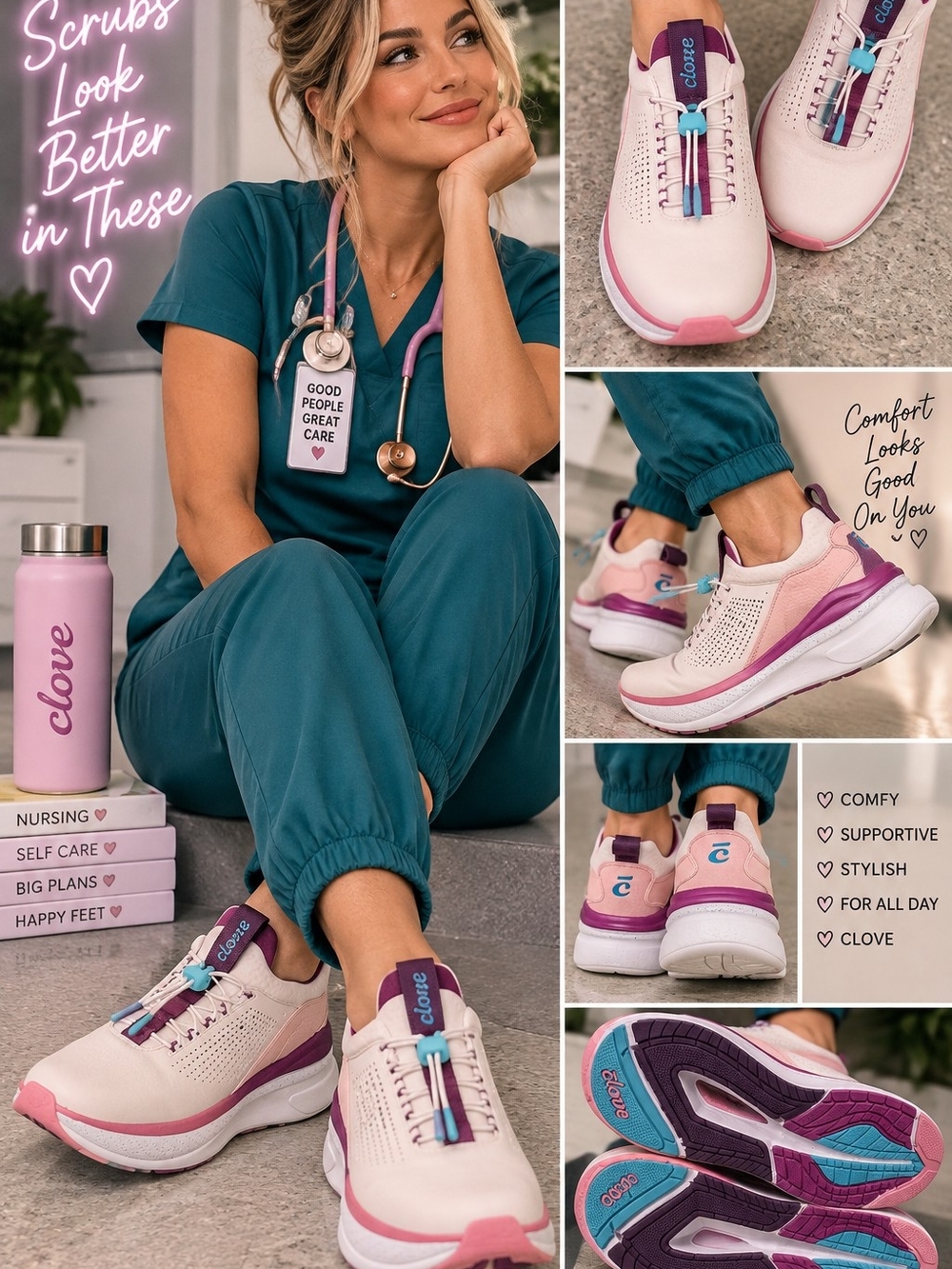 NIB Clove Forte Nursing Shoes W9.5 Pink Violet Waterproof Slip Resistant